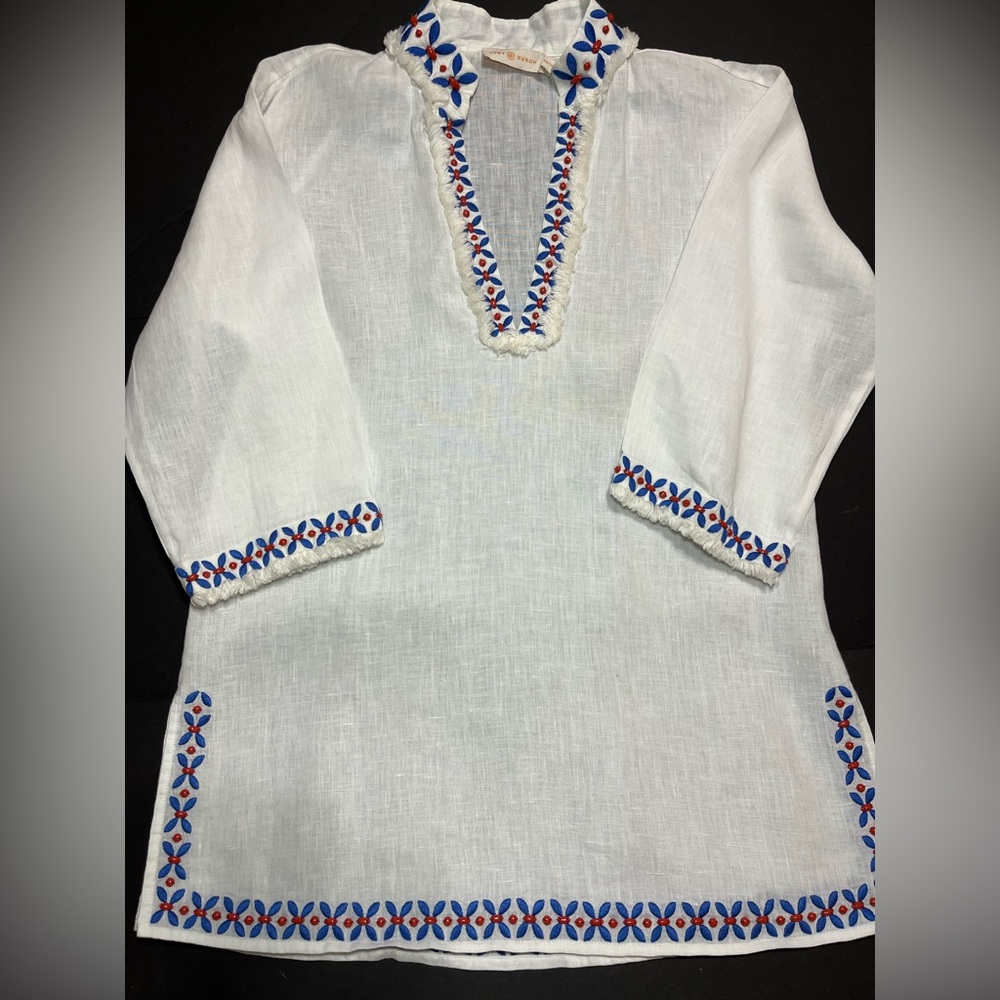 Tory Burch White Linen Tunic with Blue & Red Bead Work